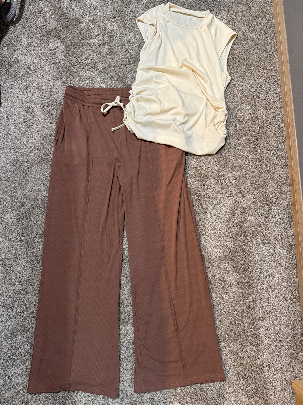 Cream Sleeveless Top & Brown Wide-Leg Lounge Pants Set